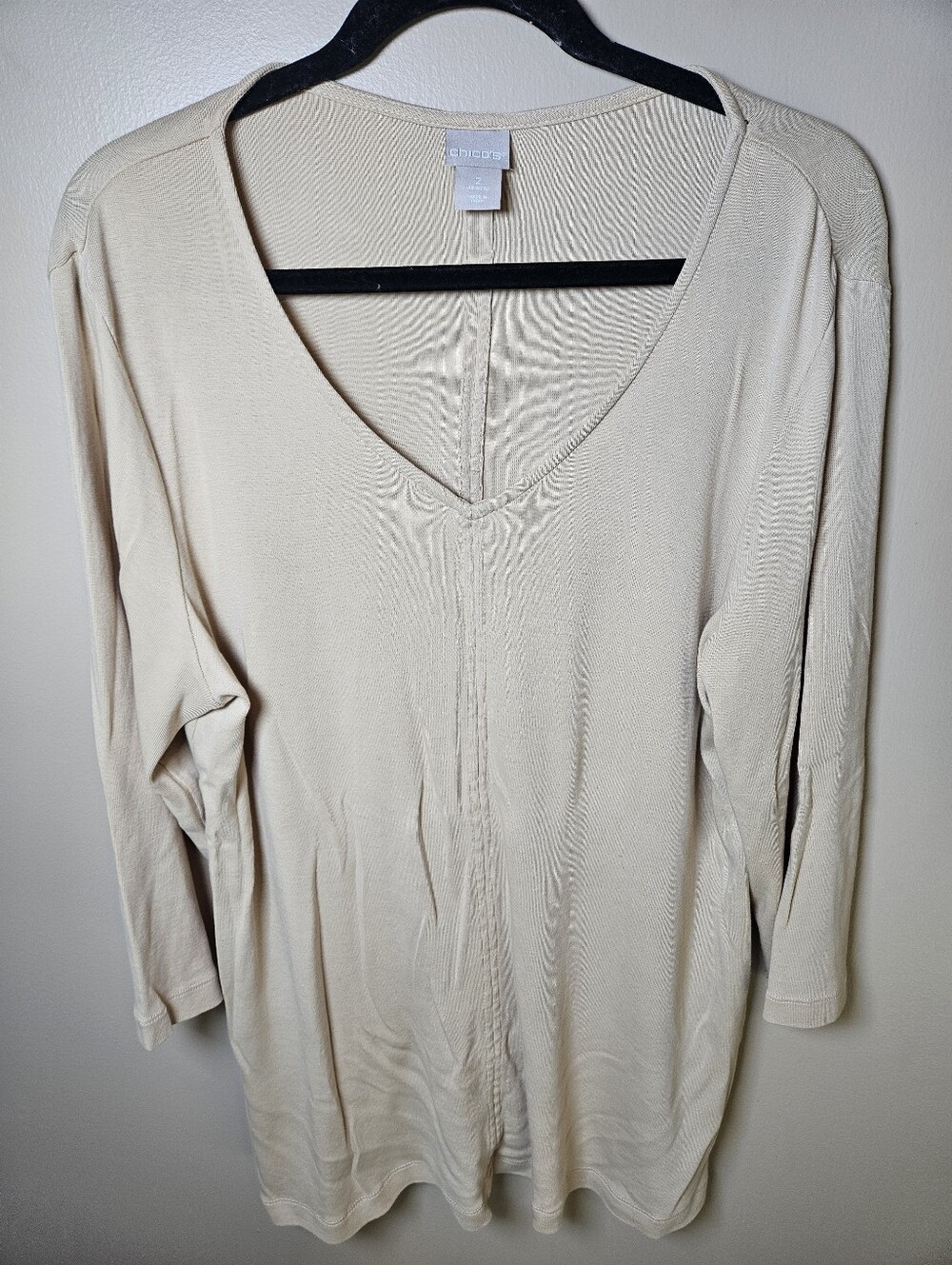 Chico's Beige 100% Pima Cotton 3/4 Sleeves Soft Stretch Tunic Shirt Top Large